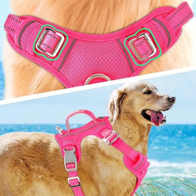 BARKBAY No Pull Dog Harness 3 Buckles Large Reflective Dog Harness with Front Clip and Easy Control Handle for Walking Training Running with ID tag Pocket(Pink,XL)