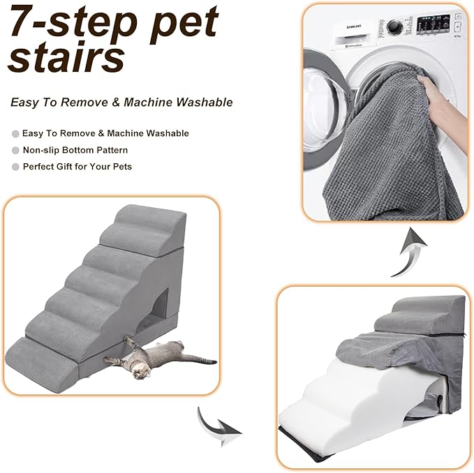 7-Step Dog Stairs for High Beds, 34" H Pet Ramp Stairs for 30-36 Inch Couch Bed, Non-Slip Indoor Pet Stairs for Small Old Large Dogs and Cats