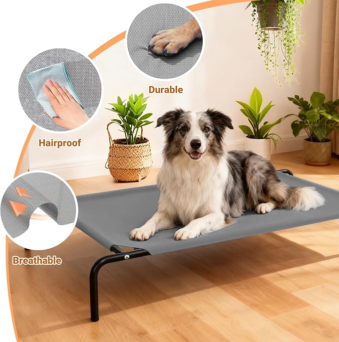 Elevated Dog Bed Waterproof Outdoor Pet Cot Cooling Dog Cot, Raised Bed for Large Dogs with Washable Breathable Mesh, No-Slip Feet, 50.8 x 31 x 8 inches, Grey