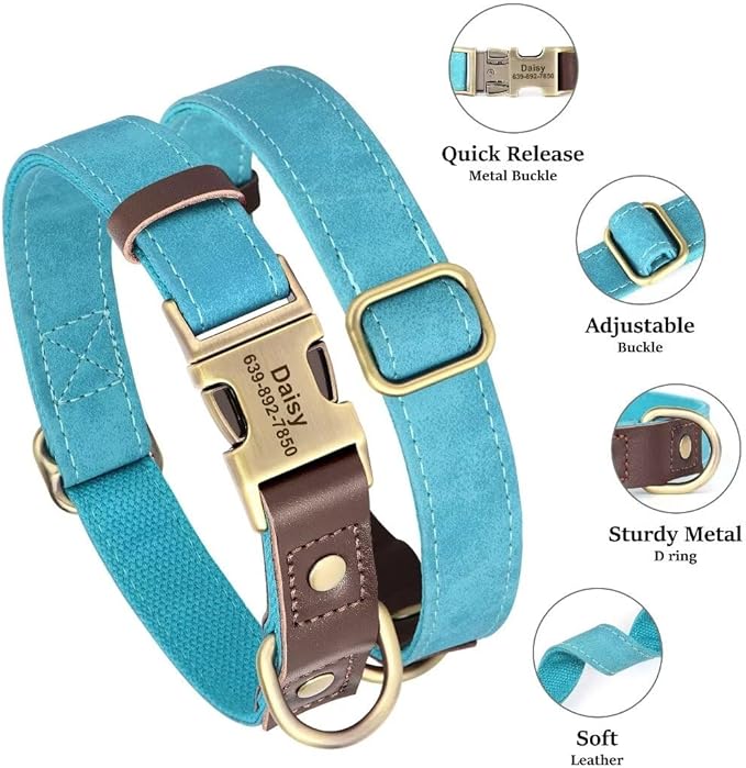 Personalized Dog Collars, Custom Soft PU Leather Dog Collar with Pet Name and Phone Number for Medium Dogs, Adjustable and Durable Pet Collars with Quick Release Metal Buckle,M(13-19")