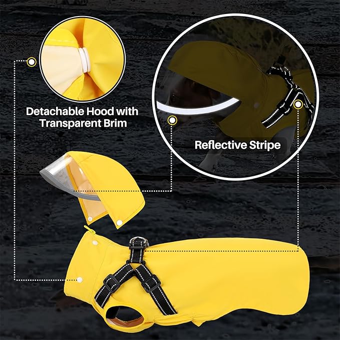 SlowTon Dog Raincoat Waterproof - Dog Rain Jacket with Harness and Hood Lightweight, Reflective Dogs Rain Coat for Large Medium Small Dogs Girl Boy Puppy Poncho Pet Clothes (Yellow, 3XL)