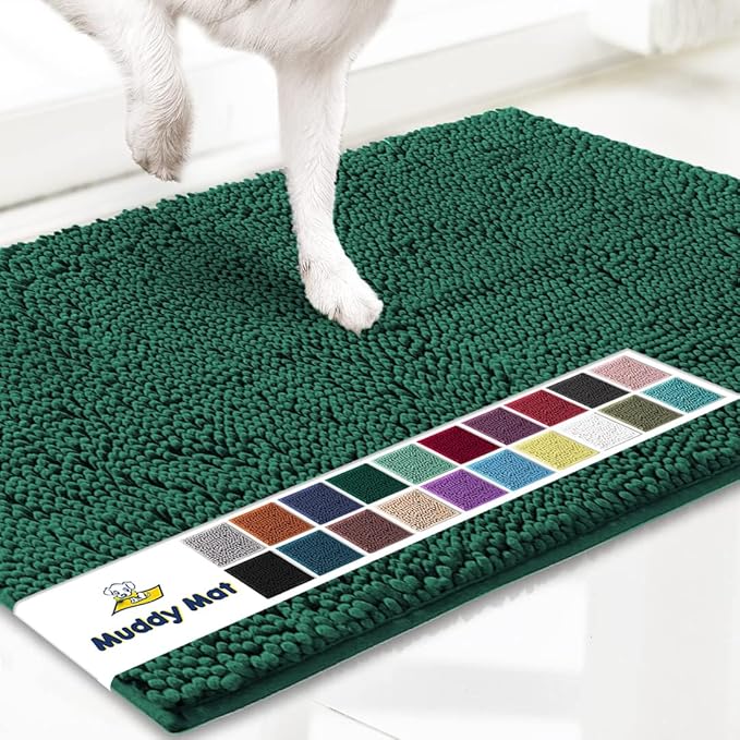 Muddy Mat® Shown on TV – Super Absorbent Microfiber Dog Door Mat for Muddy Paws, Non-Slip Washable Pet Rug, Quick Dry Chenille Entryway Carpet, Machine Washable Indoor Outdoor mat, Dark Green 28"x18"