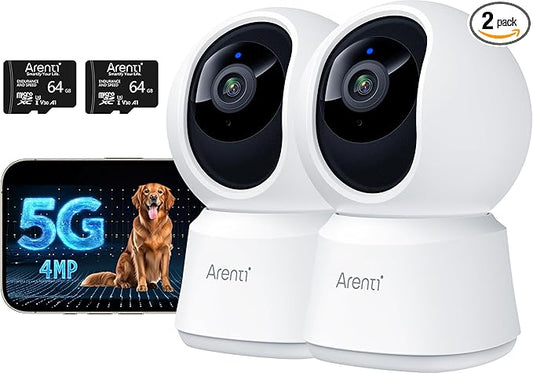 ARENTI 5G Indoor Security Camera 2 Pack, 4MP Pet Camera with Speaker for Dog/Cat, Baby Monitor with Phone App, Dual-Band WiFi, Auto Tracking, Super Night Vision, 64G Local Storage (P2Q 64G 2PC)