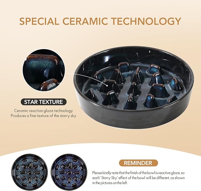 Ceramic 3.2 Cup Dog Bowl Slow Feeder, 9.5 inch Slow Pet Food Dish for Large Dog, Stop Bloat, Preventing Choking(Single Bowl, Starry Sky)