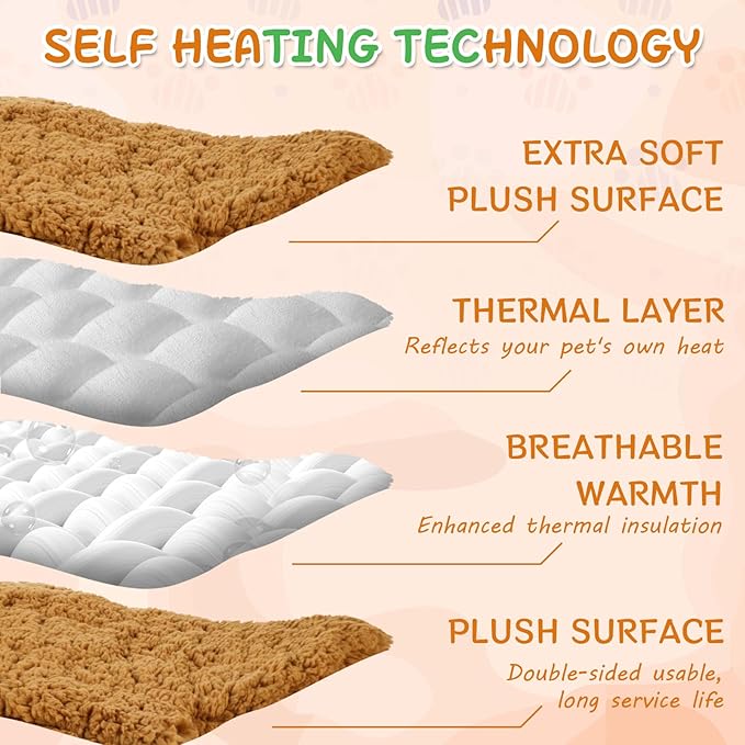 3 Pack Self Warming Cat Dog Bed Leaf Shape Self Heating Pet Mat Non Electric Washable Thermal Sleeping Pad Plush Heated Pet Mat for Crate Floor Indoor Outdoor(Orange,Small-16 x20)