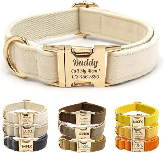 Velvet Personalized Dog Collar with Name - Customizable Dog Collar with Quick Release Metal Buckle - Leash and Bow Tie Available (Off-White, L)