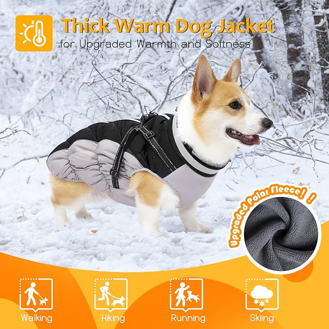 Dog Winter Coat with Harness, Dog Jacket, Pet Clothes with Zipper on Back, Waterproof Windproof Warm Vest, Reflective Cold Weather Coats, for Small Medium Large Dogs, Thick, Black, L