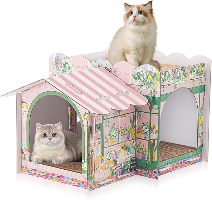 2 Story Cardboard Cat House with Scratcher Pad for Small Kitten,17x12x10 Multi Level Durable Cat Condo & Villa for Bunny Rabbit Small Animals Christmas Birthday Gift(Florist)