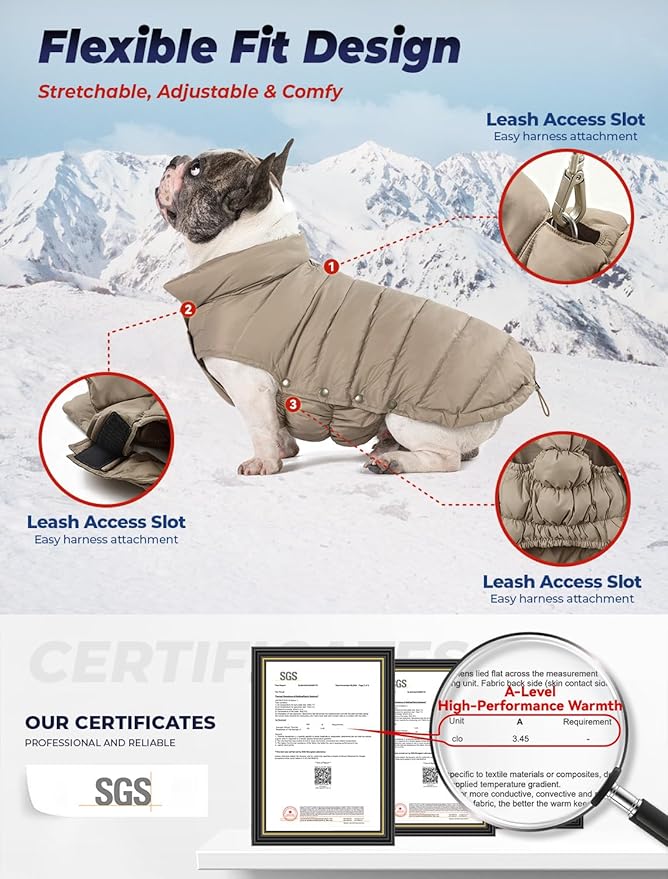 SPACE LION Dog Puffer Jacket, Down Winter Coat, Durable Outdoor Coat for Cold and Windy Conditions, Lightweight & Adjustable Fit Coats for Large Dogs,(Khaki, Size28/4XL)