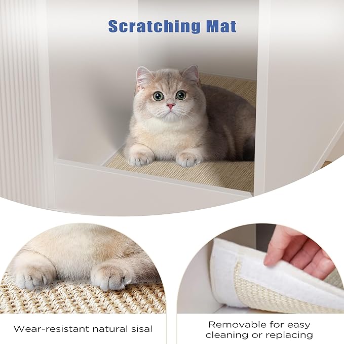 Litter Box Enclosure, Cat House Litter Box Furniture Hidden with Scratching Mat, Modern Cat Washroom Indoor, Side End Table, Storage Cabinet Bench for Living Room, Bedroom, White
