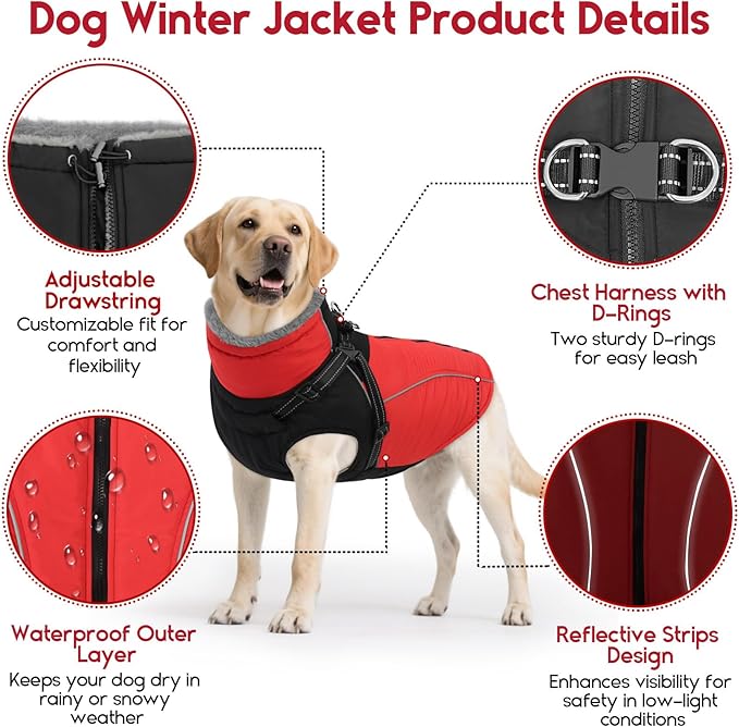 ASENKU Reflective Dog Coat with Built-in Harness, Windproof Fleece-Lined Dog Jacket for Small, Medium, Large Dogs, Warm Winter Vest with Turtleneck & Zipper (Red M)