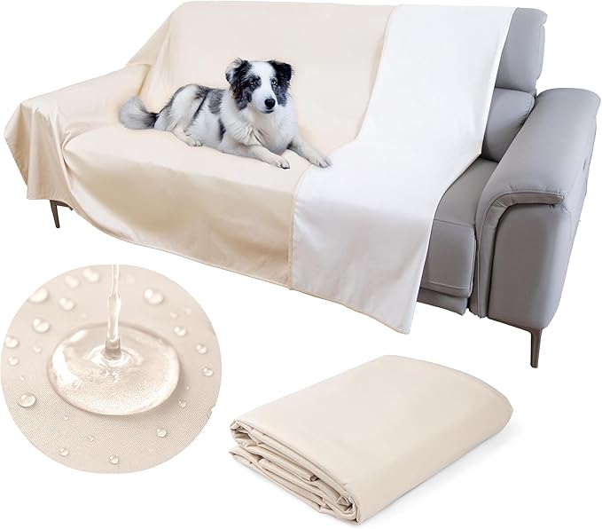 SILLY LEGACY Thin Reversible Waterproof Protective Cover or Liner for Bed or Couch, for Dogs and Cats, Babies; Incontinence, Dirt, Drool (King Size, 100 x 96 inch) (Beige)