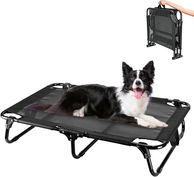 Foldable Elevated Dog Bed, 36"x23"x7" Raised Pet Bed with No Setup, Outdoor DogBed with Breathable Mesh, No-Slip Feet Durable Dog Cots Bed for Medium Sized Dogs, Black