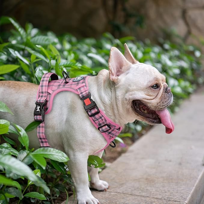 PoyPet No Pull Dog Harness, [Release at Neck] Reflective Adjustable No Choke Pet Vest with Front & Back 2 Leash Attachments, Soft Control Training Handle for Large Dogs(Checkered Pink,XL)