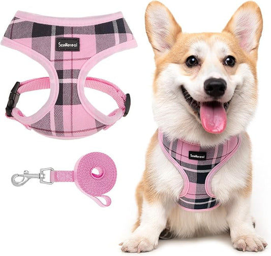 SCENEREAL Puppy Dog Harness with Leash Set for Small Medium Sized Dogs, Soft Mesh Step in Pet Harnesses and Leash, No Chock Plaid Adjustable No Pull Vest for Dogs Cats, Chihuahua,Bulldog (Pink M)