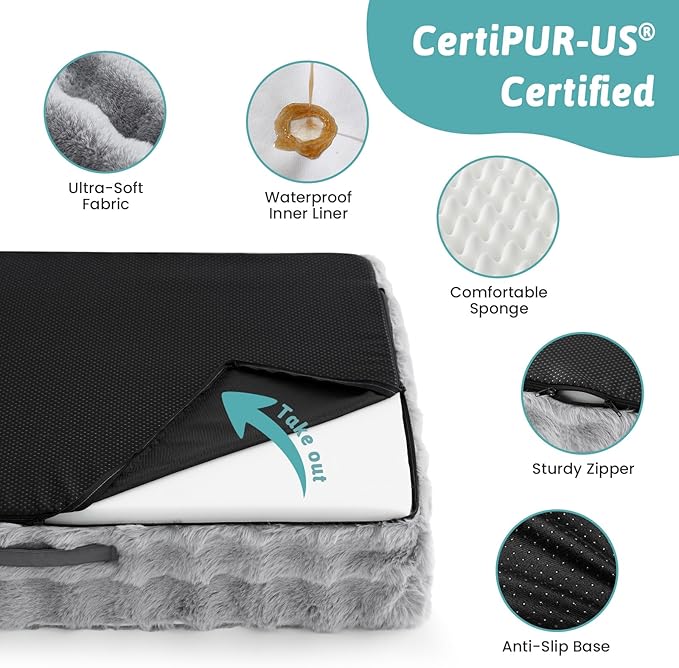 Orthopedic Dog Bed for Medium Small Size Dog, Soft and Warm Faux Fur Sofa for Pet Up to 40 lbs, Foam Bolster Anti-Slip Couch with Washable Removable Cover, M 30x20x6.5 inch, Grey