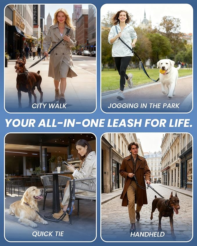 Black Multifunctional Hands Free Crossbody Durable Nylon Dog Leash for Medium Large Dogs, 4–6FT Adjustable Heavy Duty Double Handle Lead with City & Park Walking