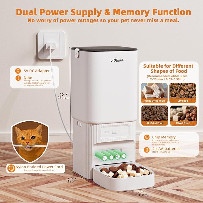 Automatic Cat Feeder 7L/29Cup Automatic Dog Feeder 5G/2.4G WiFi Programmable Cat Food Dispenser APP Remote Feed 15 Meal 50 Portion Dog Food Dispenser 10s Voice Record with Desiccant Bag