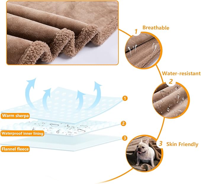 Waterproof Pet Blanket for Dog 57x65in Big Sherpa Fleece Blankets for Couch Puppy Fluffy Brown Blankets Leakproof Sofa Bed Love Reversible Cover -Camel,L-57x65in