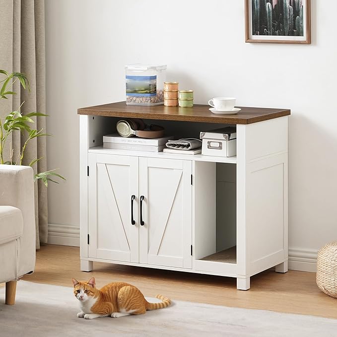 HOOBRO Cat Litter Box Enclosure, Farmhouse Hidden Litter Box with Scratch Pad, Litter Box Furniture with Storage Layer, End Side Table,White and Walnut, WH24MW01