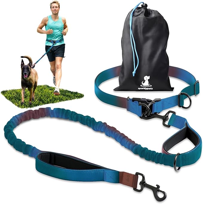 SparklyPets - Hands Free Dog Leash with Reflective Stitches - Waist Leash for Male Dog Walking, Hiking, Training, Jogging, Canicross, Running - Medium & Large Dogs, Gradient Blue