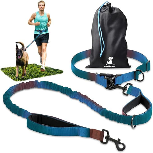 SparklyPets - Hands Free Dog Leash with Reflective Stitches - Waist Leash for Male Dog Walking, Hiking, Training, Jogging, Canicross, Running - Medium & Large Dogs, Gradient Blue