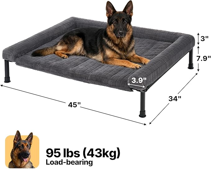 Veehoo Elevated Dog Bed Large Sized with Fluffy Plush Bolster Cushion, Washable Orthopedic Dog Couch Bed, Cooling Raised Pet Cot with Removable Mat, Breathable Mesh, No-Slip Feet, 45 x 34 inches, Grey
