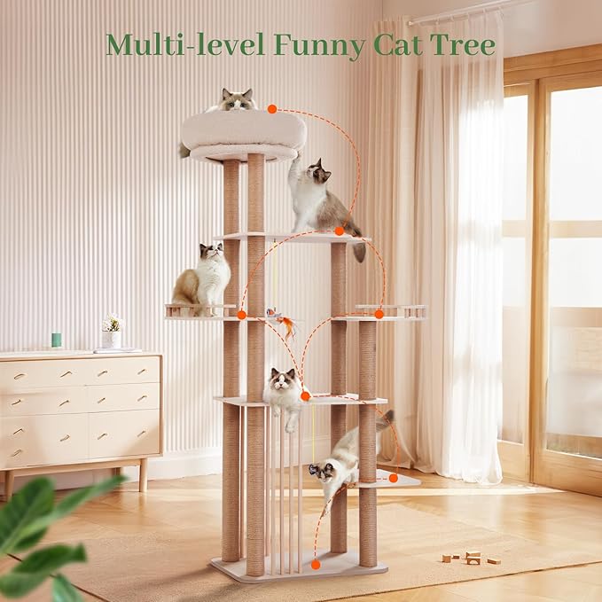 Choc chick Wood Cat Tree for Indoor Cats Large Adult, 68 Inches Tall Multi Level Cat Tower with Scratching Post Sisal-Covered, Modern Cat Tree Plush Cattery Chirping Bird Cat Toy