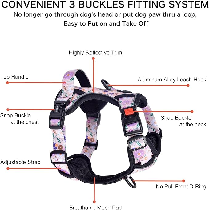 Petmolico No Pull Dog Harness Set with Leash Attachment Easy Control Handle Reflective Harness Vest Small Breed, Puppy Vest and Leash Set with Poop Bag Holder, Small - Pink Flowers