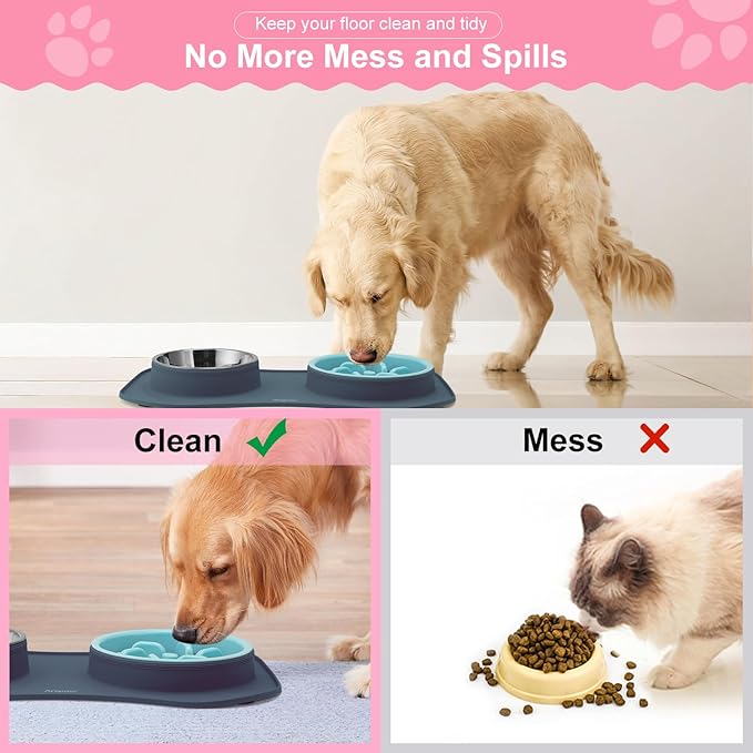 Slow Feeder Dog Bowls 3 in 1 Stainless Steel Dog Food and Water Bowls with Non-Spill and Non-Skid Silicone Mat to Slow Down Eating for Large Medium Small Breed Size Dogs and Cats (Light Grey)