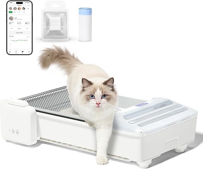 Self Cleaning Litter Box, 2025 Upgraded Open-Top Automatic Cat Litter Box for Multiple Cats, Weight Sensors Safety Protection/App Control/Odor Control/Easy Clean (White)