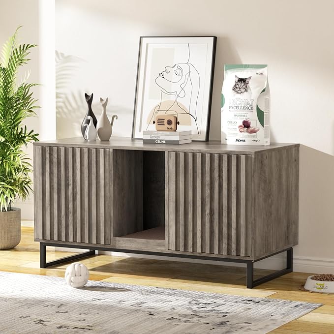 Double Litter Box Enclosure,Modern Cat Litter Box Enclosure for 2 Cats, Hidden Litter Box with Scratch Pad, Cat Washroom Pet House End Table, Entryway Bench for Livingroom (Gray)