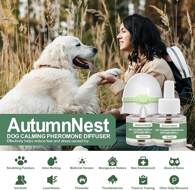 Dog Calming Pheromone Diffuser for Dogs, Plug-in + 3 Refills Kit, Supports Relaxed Behavior, Helps Ease Stress, Anxiety, Barking, Fear During Loud Events, Separation, Travel, 90 Days Non-Toxic Care