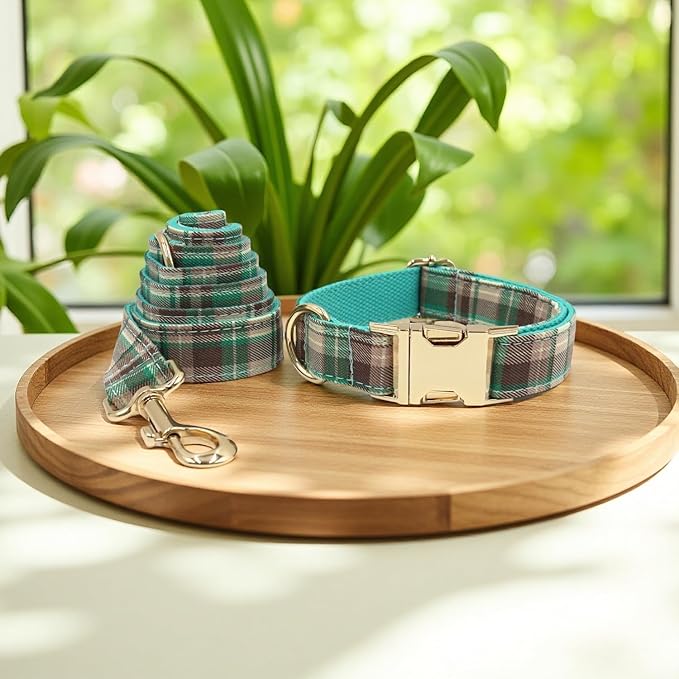 PETDURO Personalized Dog Collar Teal Brown Plaid for Large Medium Dogs | Engraved Name and Phone Number on Gold Metal Buckle for Boys & Girls | Add Leash & Bow Tie via Customize Now