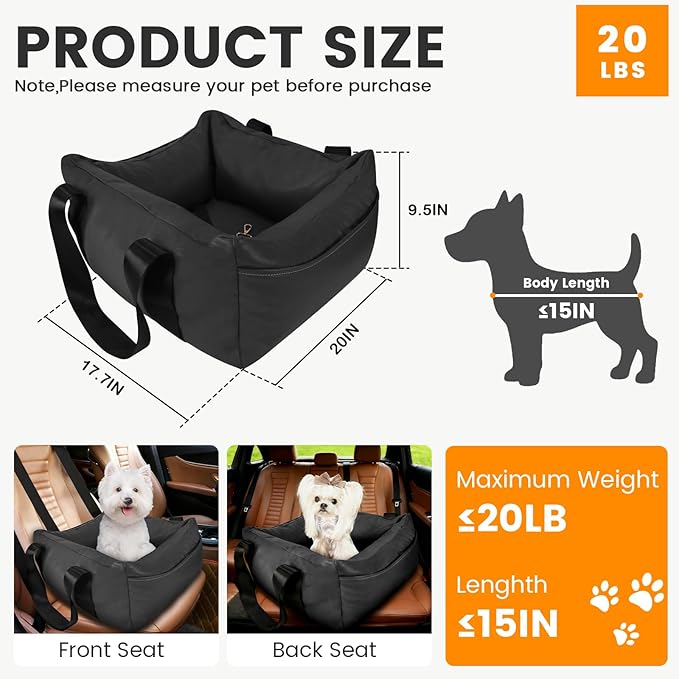 Dog Car Seat for Small Dogs, Large Leather Dog Car Bed with Storage Pocket, Waterproof PVC Leather Booster Seat Travel Bed for Front & Back Seat, Clip-On Safety Leash (Black)