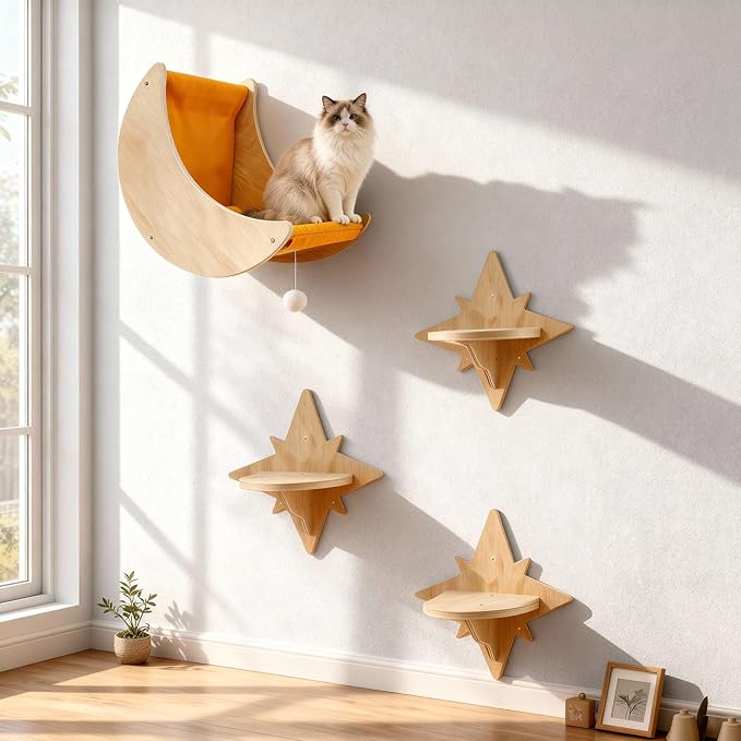 Cat Wall Shelves, Moon and Star Cat Wall Furniture for Indoor, Multi-Level Wooden Climbing Set with Cute Toys