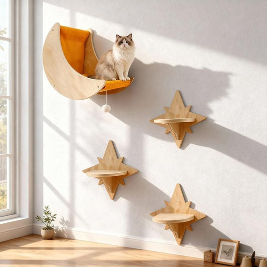 Cat Wall Shelves, Moon and Star Cat Wall Furniture for Indoor, Multi-Level Wooden Climbing Set with Cute Toys