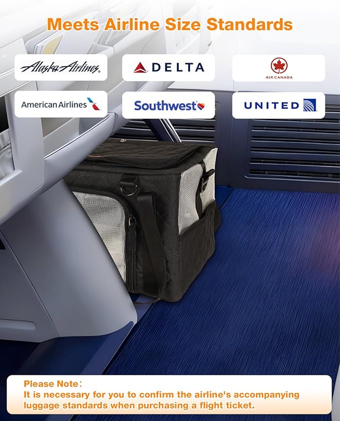 PETUX Airline Approved Cat Carrier for Small Cat - 16" x 10" x 9.5", Double Anti-Escape, Collapsible, Underseat, Under 10 lb with Removable Snack Bag, Safety Buckle, Leash - Ideal for Travel - Grey