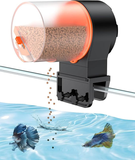 Pawfly Automatic Fish Feeder for Aquarium - Auto Vacation Timer Fish Food Dispenser for Pellets, Flakes & Strips, 100/200 ml Adjustable, Battery Operated (Battery Not Included)