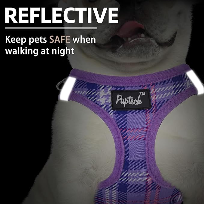 PUPTECK Dog Harness and Leash Set for Small Medium Dogs No Pull Step-in Soft Mesh Puppy Cat Vest Harnesses Reflective at Night, Plaid Pattern Purple L