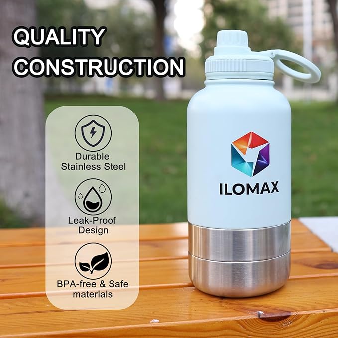 ILOMAX 3-in-1 Stainless Steel Dog Travel Water Bottle with Food & Water Bowls, Leak-Proof & Insulated, Extra Magnetic Lid, Keeps Drinks Cold 12H/Hot 6H, Portable Outdoor Hydration, 32oz (Bluish White)