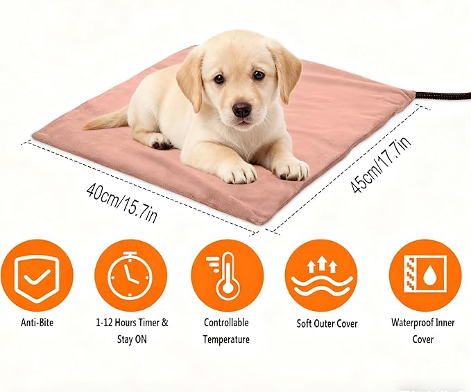 Annchwool Pet Heating Pad for Puppy Cat Dog-17.7 x 15.7in-6 Adjustable Temperature & 5 Timer-Waterproof Cat Dog Heating Pad with Chew-Resistant Cord-Heated Pad for Indoor Pets,Older,Pain Relief(Brown)