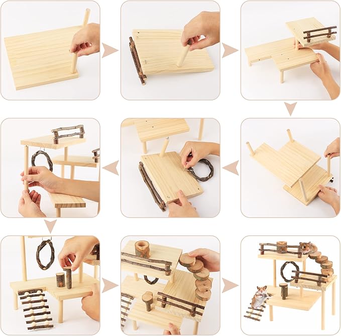 HOSUKKO Hamster Climbing Toys 3-Tier Extra Large Hamster Playground Natural Wooden Small Animal Platform Toys Hamster Exercise Activity Climbing Platform with Bridge for Gift