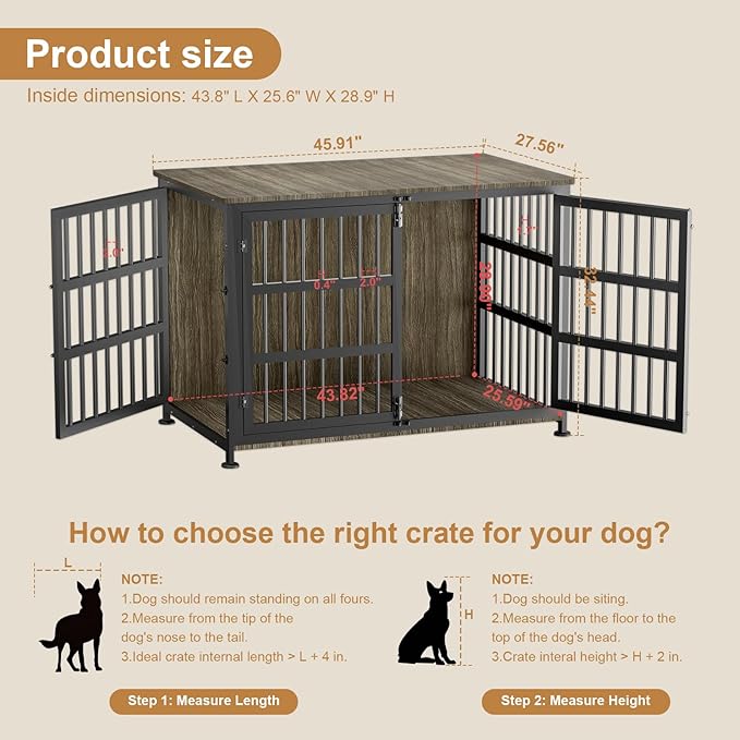 46" Dog Crate Furniture with Wheels, XXL Heavy Duty Dog Kennel Indoor for XL Dogs, Metal Chew-Proof Dog Cage, 45.9" L x 27.6" W x 32.4" H, Decorate House as TV Stand, End Table — Grey