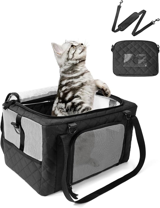 PETUX Airline Approved Cat Carrier for Small Cat - 16" x 10" x 9.5", Double Anti-Escape, Collapsible, Underseat, Under 10 lb with Removable Snack Bag, Safety Buckle, Leash - Ideal for Travel - Grey