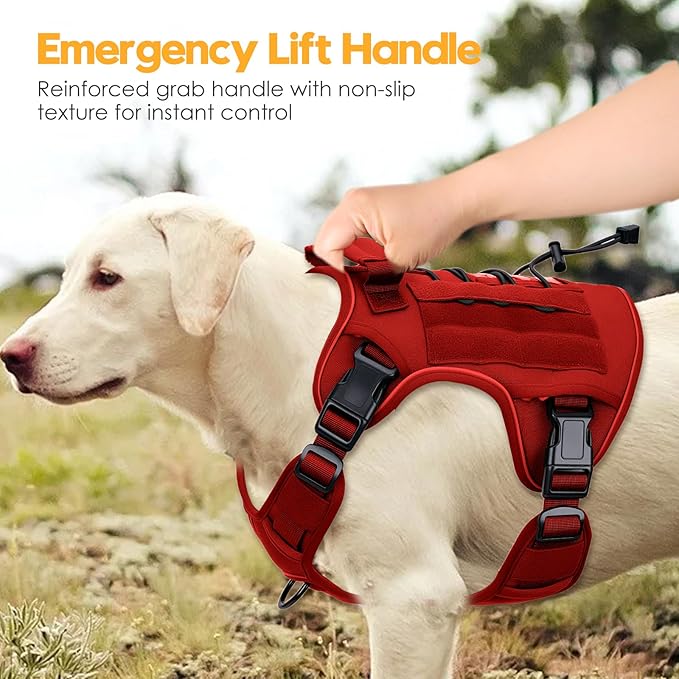 Heavy-Duty Tactical Dog Harness for Large Dogs, No Pull Adjustable Reflective Pet Vest with Molle System, K9 Military-Grade Control for Service Training, Outdoor & 10+ Breeds, Red, X-Large