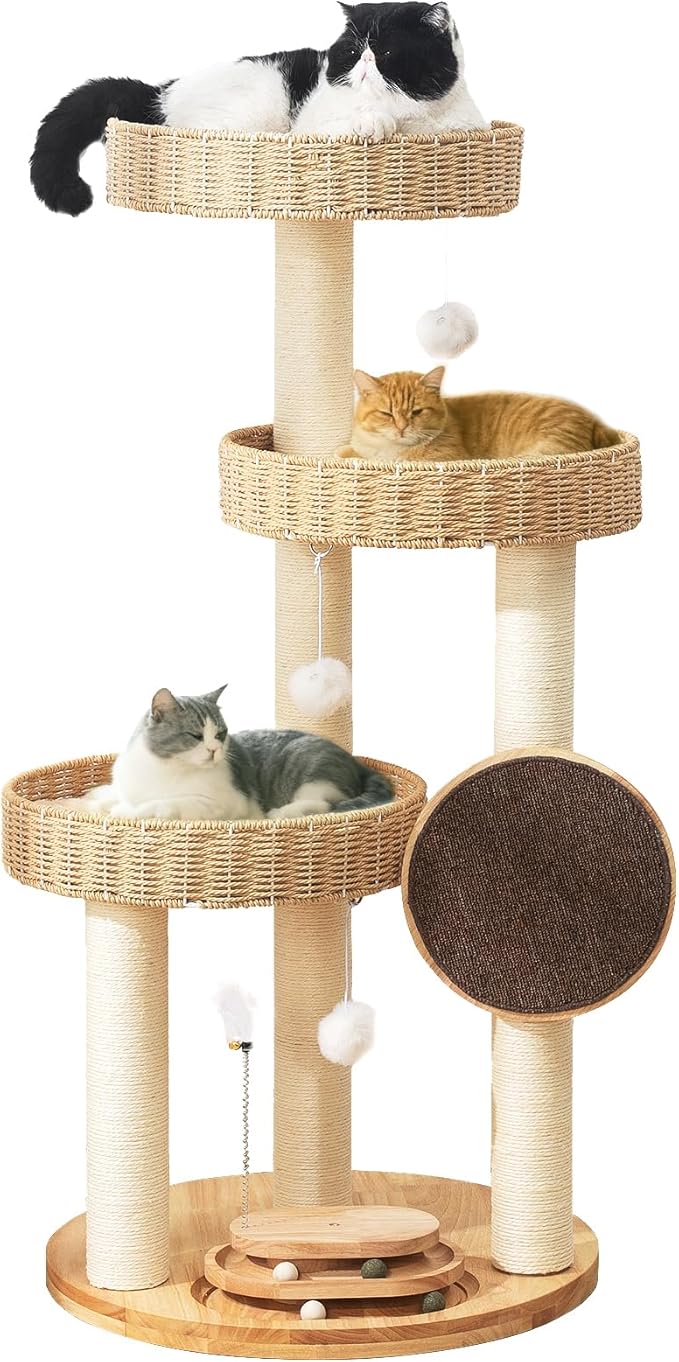 Solid Wood Cat Tree,Modern Cat Tower with Scratching Posts, Hand-Woven Beds & Toys | Heavy-Duty 20lbs Capacity,Indoor Cat Furniture for Big Cats