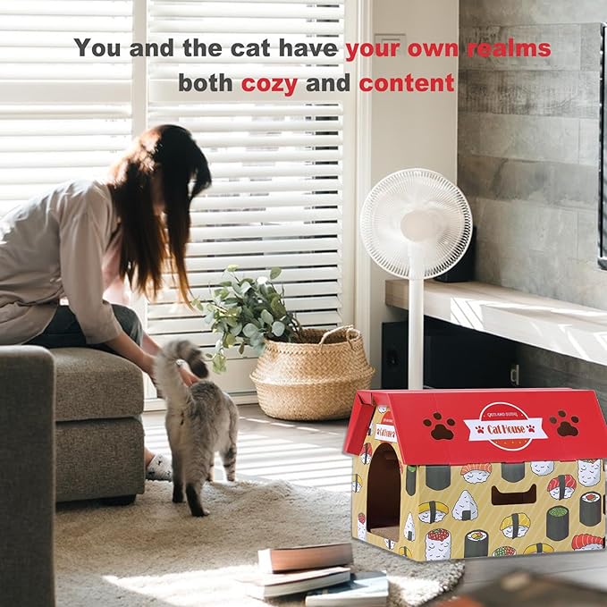 Cardboard Cat House with Scratcher – Red Sushi Design, 14''H x 18''L x 15.5''W, Sturdy Cat Playhouse for Indoor Cats up to 20 lbs, Fun Cat Hideout & Scratch Toy