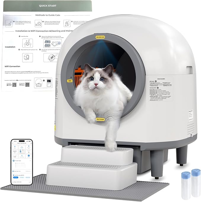 Self Cleaning Litter Box, 100L Automatic Cat Litter Box for Multiple Cats, Smart APP Control, with Trap Mat & Ramp, White (Pro Model)