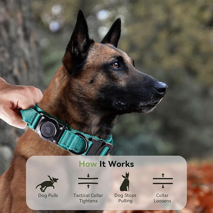 2025 Upgrade Waterproof AirTag Dog Collar, Military Tactical Dog Collar with AirTag Holder, Comfortable Control Handle and Metal Buckle, GPS Dog Collar Holder for Medium to Large Dogs (Blue,L)